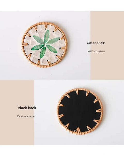 4 Pcs Beige Background With Green Flower Handcrafted Rattan Coaster With Natural Shell Inlay Decorative & Heat Insulating Drink Mat Coasters