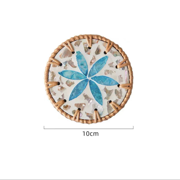 4 Pcs Khaki Background With Blue Flower Handcrafted Rattan Coaster Natural Shell Inlay Decorative & Heat Insulating Drink Mat Coasters