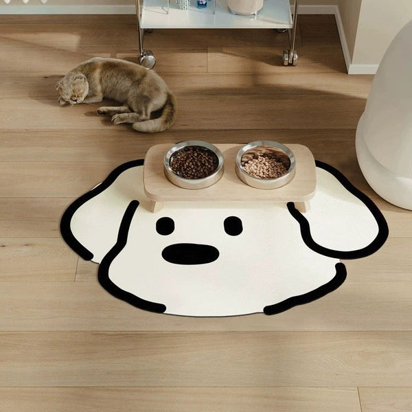 2 Pcs Style 1 White And Black Puppy Pattern Cartoon Pet Feeding Mat For Cats & Dogs Absorbent Diatom Mud Splash Proof Easy To Clean Dog Feeding Mats
