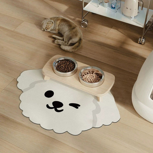 2 Pcs Style White Puppy Pattern Cartoon Pet Feeding Mat For Cats & Dogs Absorbent Diatom Mud Splash Proof Easy To Clean Dog Feeding Mats