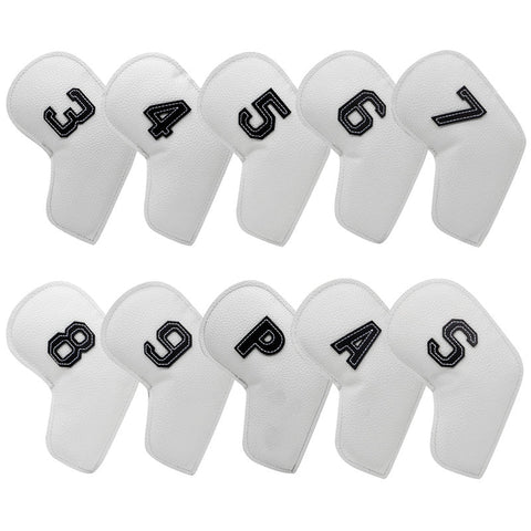 White Golf Iron Head Covers Set Of 10 Waterproof Pu Leather Club Protectors With Embroidered Numbers (3 9 A S) Club Head Covers