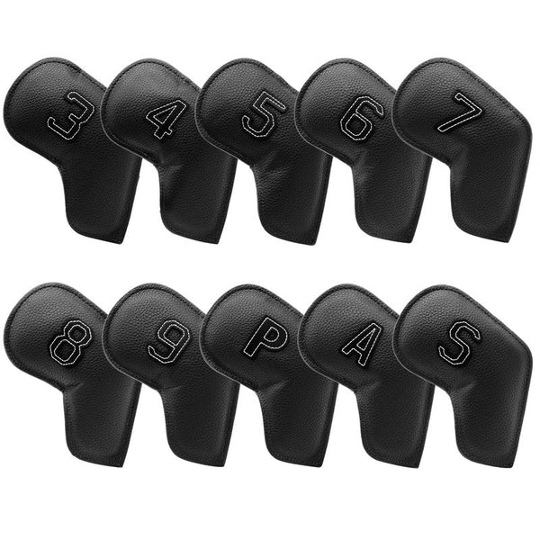 Black Golf Iron Head Covers Set Of 10 Waterproof Pu Leather Club Protectors With Embroidered Numbers (3 9 A S) Club Head Covers