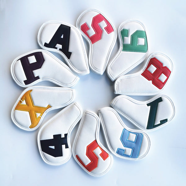 Colorful Words On White Background Pu Leather Golf Iron Headcovers Set (10Pcs) Numbered Protective Club Covers (4 9 A L) Universal Fit Club Head Cover