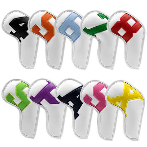 Colorful Words On White Background Pu Leather Golf Iron Headcovers Set (10Pcs) Numbered Protective Club Covers (4 9 A L) Universal Fit Club Head Cover