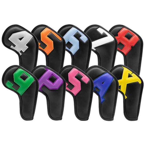 Colorful Words On Black Background Pu Leather Golf Iron Headcovers Set (10Pcs) Numbered Protective Club Covers (4 9 A L) Universal Fit Club Head Cover