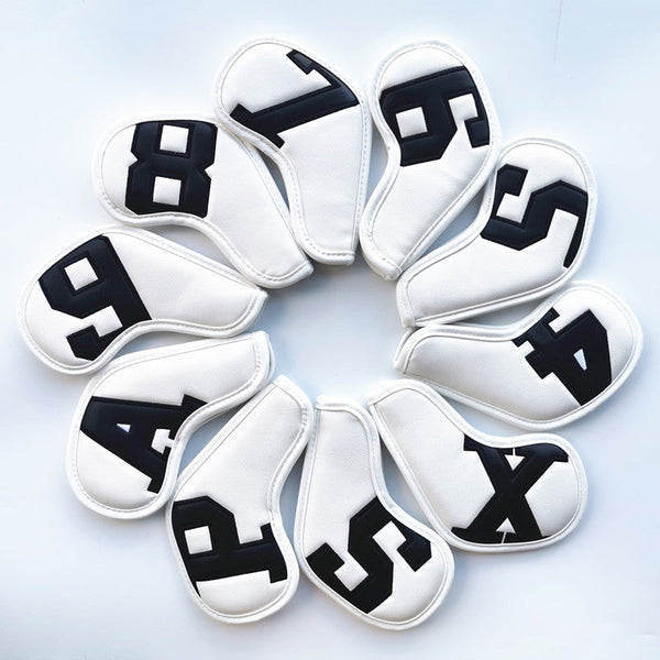 Black Words On White Background Pu Leather Golf Iron Headcovers Set (10Pcs) Numbered Protective Club Covers (4 9 A L) Universal Fit Club Head Covers