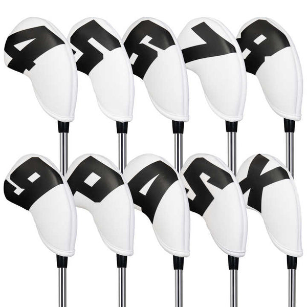 Black Words On White Background Pu Leather Golf Iron Headcovers Set (10Pcs) Numbered Protective Club Covers (4 9 A L) Universal Fit Club Head Covers