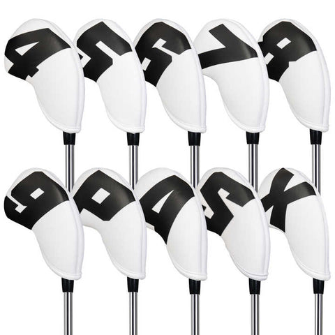 Black Words On White Background Pu Leather Golf Iron Headcovers Set (10Pcs) Numbered Protective Club Covers (4 9 A L) Universal Fit Club Head Covers