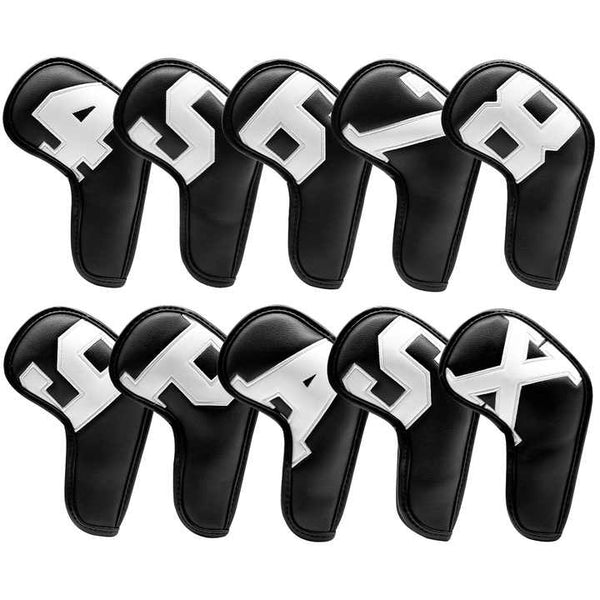 White Words On Black Background Pu Leather Golf Iron Headcovers Set (10Pcs) Numbered Protective Club Covers (4 9 A L) Universal Fit Club Head Covers