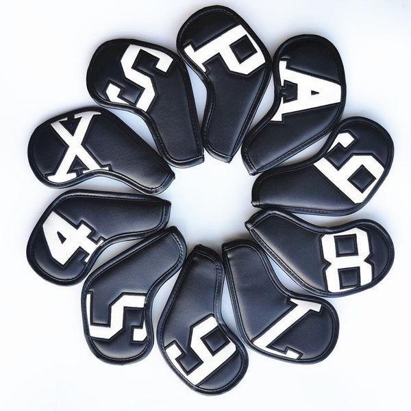 White Words On Black Background Pu Leather Golf Iron Headcovers Set (10Pcs) Numbered Protective Club Covers (4 9 A L) Universal Fit Club Head Covers