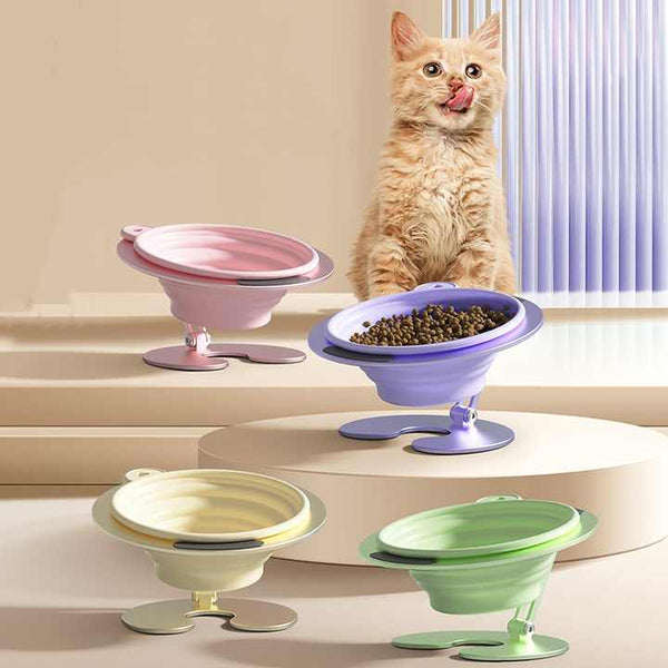 Pink Foldable Elevated Pet Bowl Set Tilted Ergonomic Cat Feeder With Aluminum Stand & Silicone Dishes Feeders & Fountains