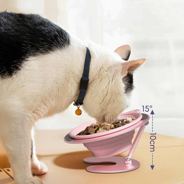 Pink Foldable Elevated Pet Bowl Set Tilted Ergonomic Cat Feeder With Aluminum Stand & Silicone Dishes Feeders & Fountains