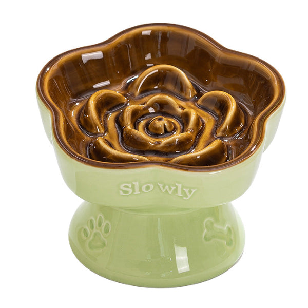 Green And Brown Ceramic Slow Feeder Pet Bowl For Cats And Small Dogs Anti Choke Elevated Design With 15 Degree Tilted Rim Dishes Feeders & Fountains