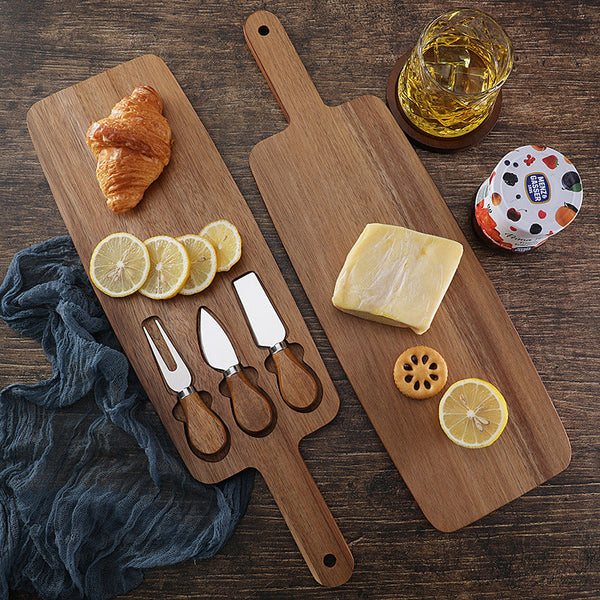 Brown And Black Premium Acacia Wood Cheese Board Set | Charcuterie Platter With 3 Stainless Steel Knives Cutting Boards