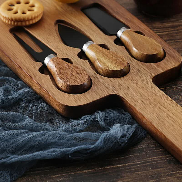Brown And Black Premium Acacia Wood Cheese Board Set | Charcuterie Platter With 3 Stainless Steel Knives Cutting Boards