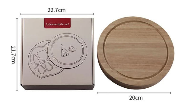 Brown And Black Compact Round Rubberwood Cheese Board Set | 4 Stainless Steel Knives & Tools Cutting Boards