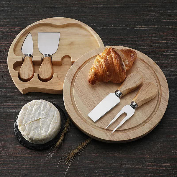 Brown And Gold Compact Round Rubberwood Cheese Board Set | 4 Stainless Steel Knives & Tools Cutting Boards