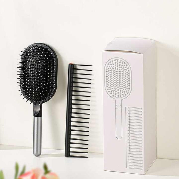 Champagne Air Cushion Massage Paddle Brush & Wide Tooth Comb Set Gentle Detangling For All Hair Types Massagers