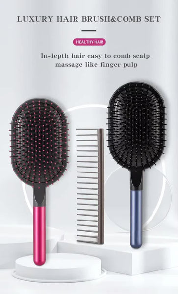 Champagne Air Cushion Massage Paddle Brush & Wide Tooth Comb Set Gentle Detangling For All Hair Types Massagers