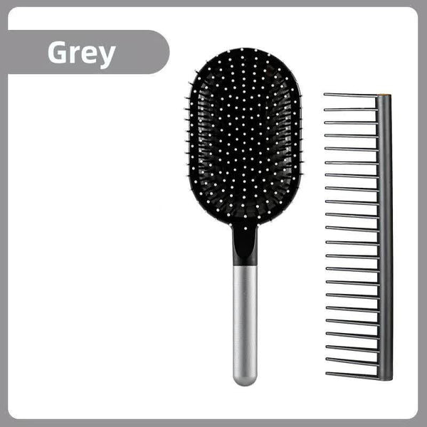 Grey Air Cushion Massage Paddle Brush & Wide Tooth Comb Set Gentle Detangling For All Hair Types Massagers