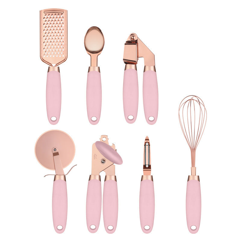 Pink And Rose Gold 7 Piece Kitchen Gadget Set Stainless Steel Utensils With Comfort Grip Handles Serving Utensils & Sets