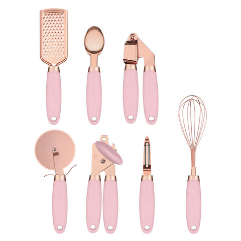 Pink And Rose Gold 7 Piece Kitchen Gadget Set Stainless Steel Utensils With Comfort Grip Handles Serving Utensils & Sets