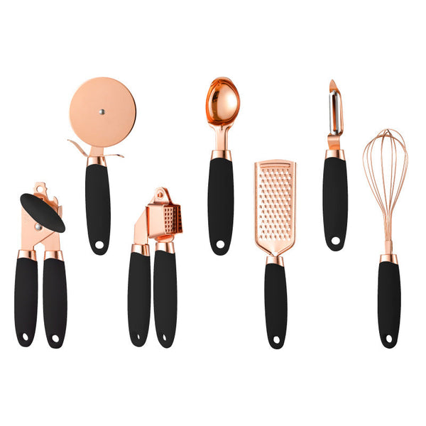 Pink And Rose Gold 7 Piece Kitchen Gadget Set Stainless Steel Utensils With Comfort Grip Handles Serving Utensils & Sets