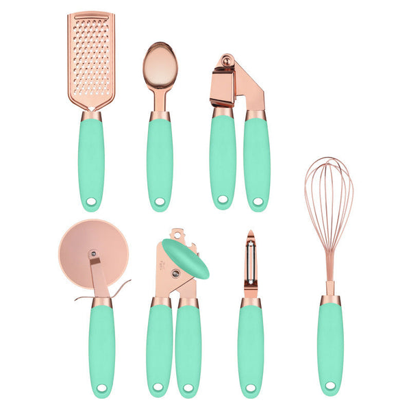 Green And Rose Gold 7 Piece Kitchen Gadget Set Stainless Steel Utensils With Comfort Grip Handles Serving Utensils & Sets