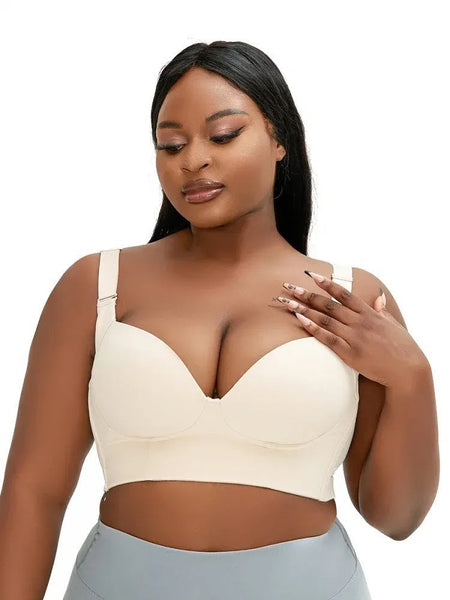 Elosung 34/75A Beige Plus Size Seamless Underwire Bra Lift Support Deep V Sports Back Design Bra Accessories