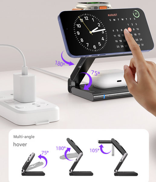 Silver Grey Mag Netic 3 In 1 Wireless Charger For Apple Devices 15W Fast Charging Station Chargers & Cradles
