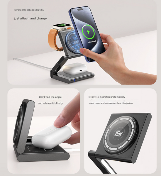 Silver Mag Netic 3 In 1 Wireless Charger For Apple Devices 15W Fast Charging Station Chargers & Cradles