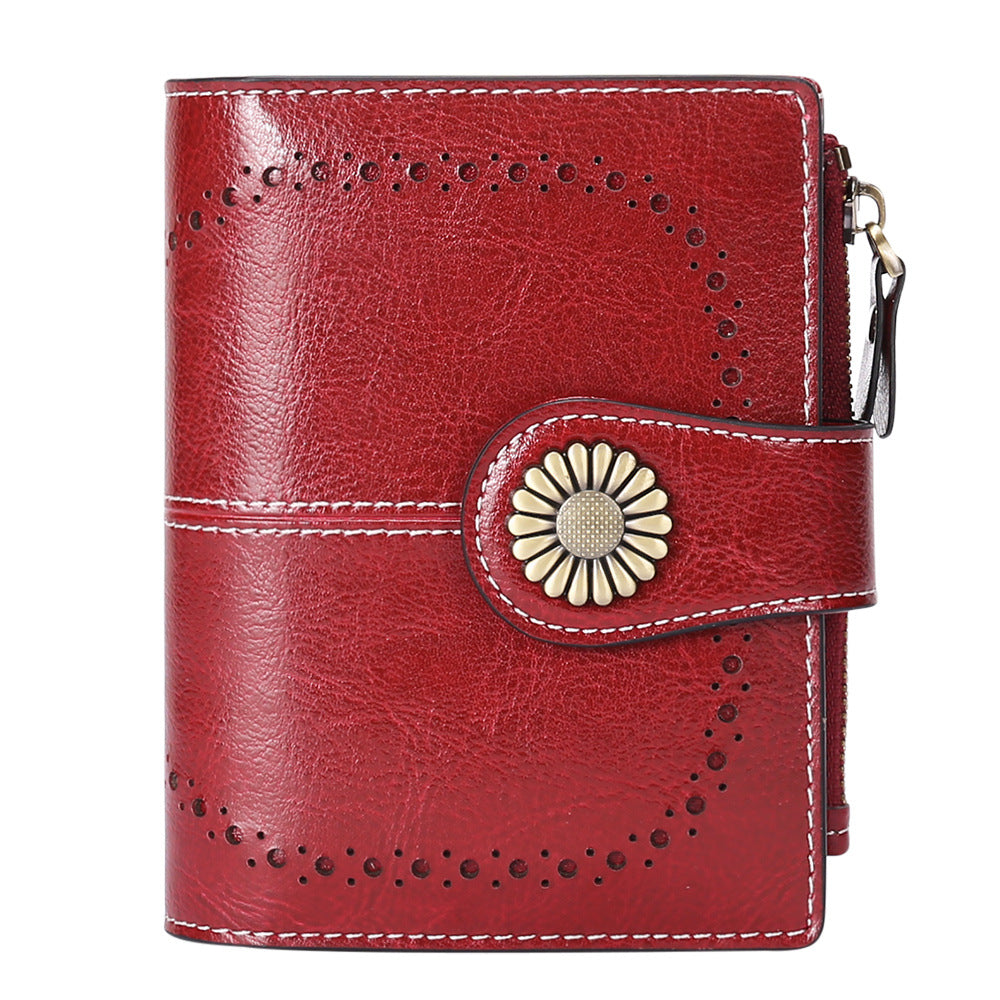 Burgundy (64 Grain) Women's Short Leather Wallet European Style Waxed Coin Purse With Zipper Card Holder In Red Wallets