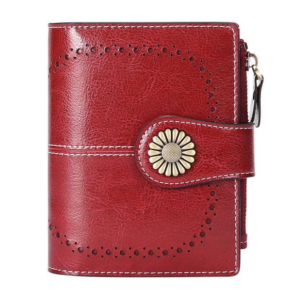 Burgundy (64 Grain) Women's Short Leather Wallet European Style Waxed Coin Purse With Zipper Card Holder In Red Wallets