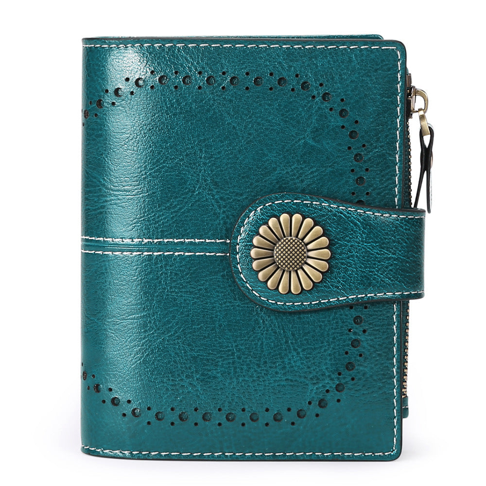 Pea Blue (64 Grain) Women's Short Leather Wallet European Style Waxed Coin Purse With Zipper Card Holder In Red Wallets