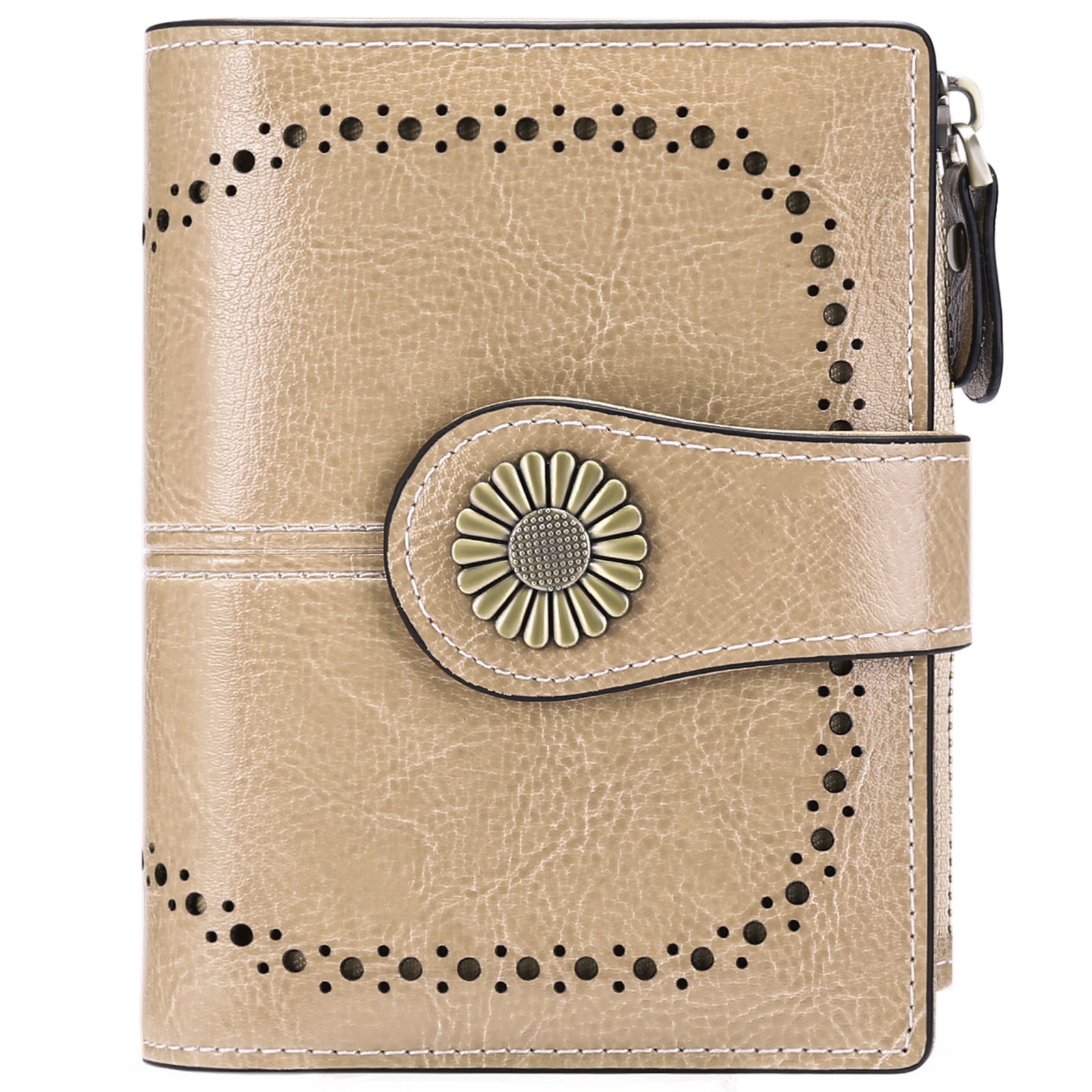 Khaki Women's Short Leather Wallet European Style Waxed Coin Purse With Zipper Card Holder Wallets