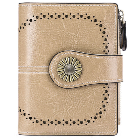 Khaki Women's Short Leather Wallet European Style Waxed Coin Purse With Zipper Card Holder Wallets