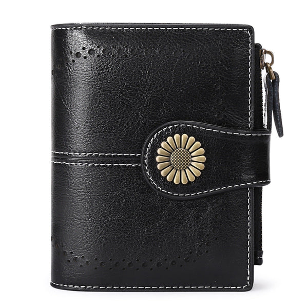 Black (64 Grain) Women's Short Leather Wallet European Style Waxed Coin Purse With Zipper Card Holder In Red Wallets