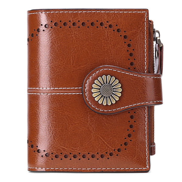 Brown (64 Grain) Women's Short Leather Wallet European Style Waxed Coin Purse With Zipper Card Holder In Red Wallets