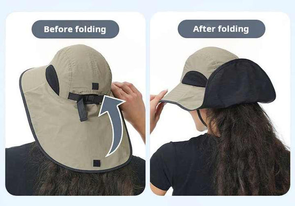 Dark Blue Wide Brim Sun Hat With Cape Foldable Uv Protection 10Cm Hats & Headwear