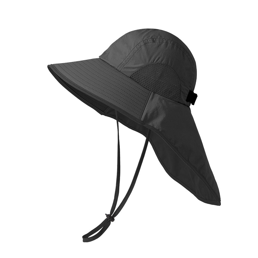 Black Wide Brim Sun Hat With Cape Foldable Uv Protection 10Cm Hats & Headwear