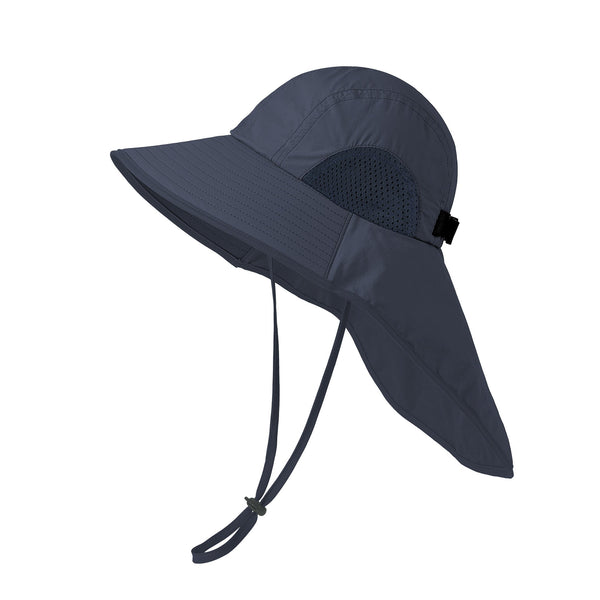 Navy Blue Wide Brim Sun Hat With Cape Foldable Uv Protection 10Cm Hats & Headwear