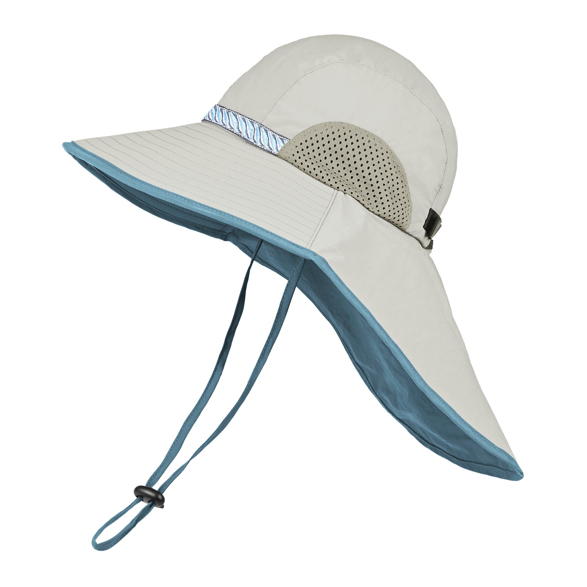 Grey Wide Brim Sun Hat With Cape Dark Blue Webbing Foldable Uv Protection 10Cm Hats & Headwear