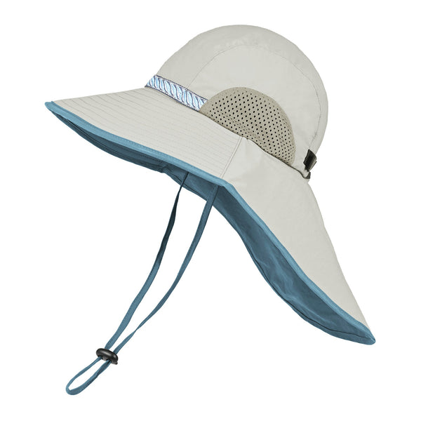 Grey Wide Brim Sun Hat With Cape Dark Blue Webbing Foldable Uv Protection 10Cm Hats & Headwear