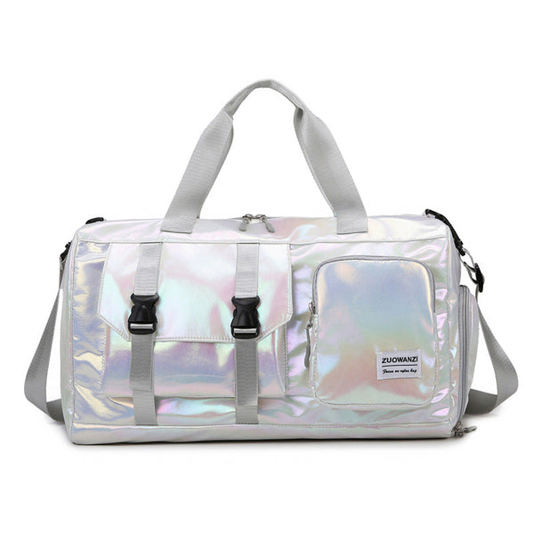 White Iridescent Gym Bag With Wet Dry Separation Large Capacity Travel And Fitness Duffel Gym Bags