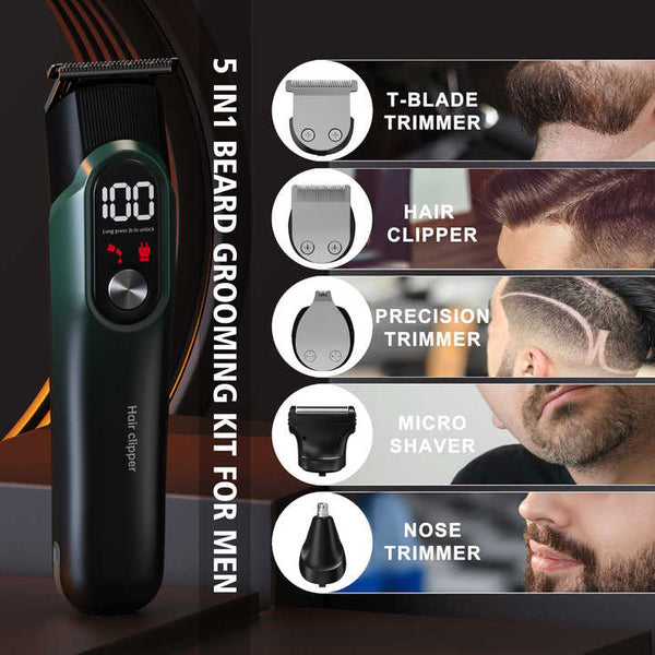 Green 5 In 1 Digital Display Hair Clipper Set For Beard And Precision Grooming Clippers & Trimmers
