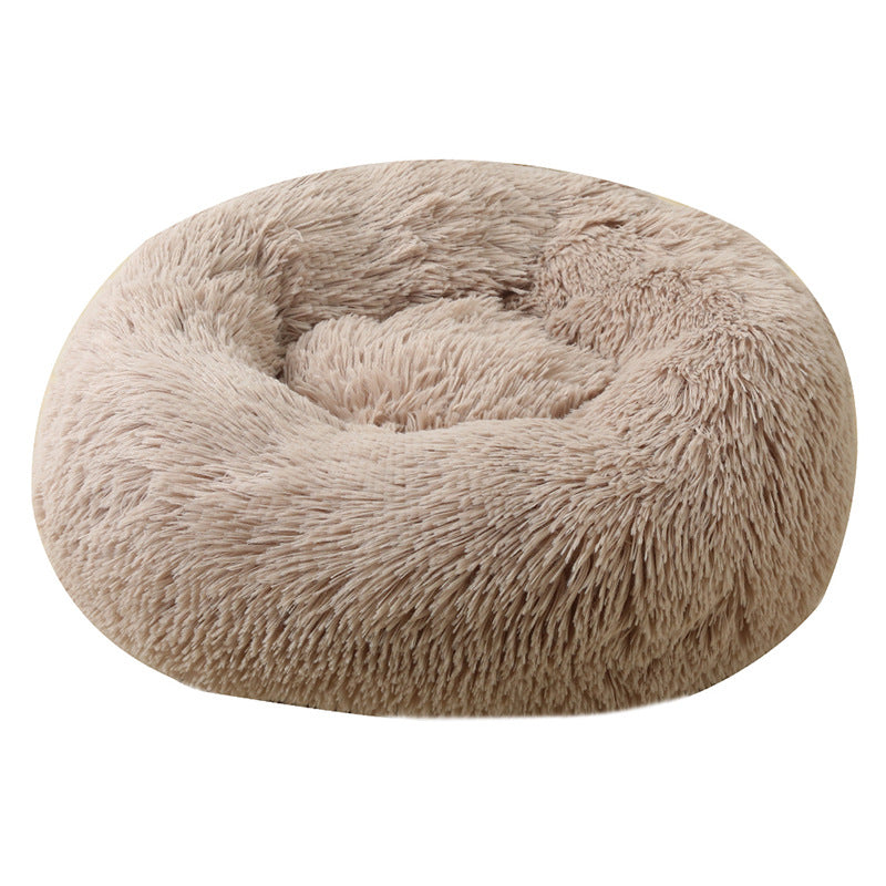Khaki 50Cm Cozy Round Pet Bed Plush Cat And Dog With Non Slip Base Machine Washable Pet Beds