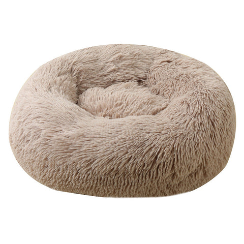 Khaki 50Cm Cozy Round Pet Bed Plush Cat And Dog With Non Slip Base Machine Washable Pet Beds