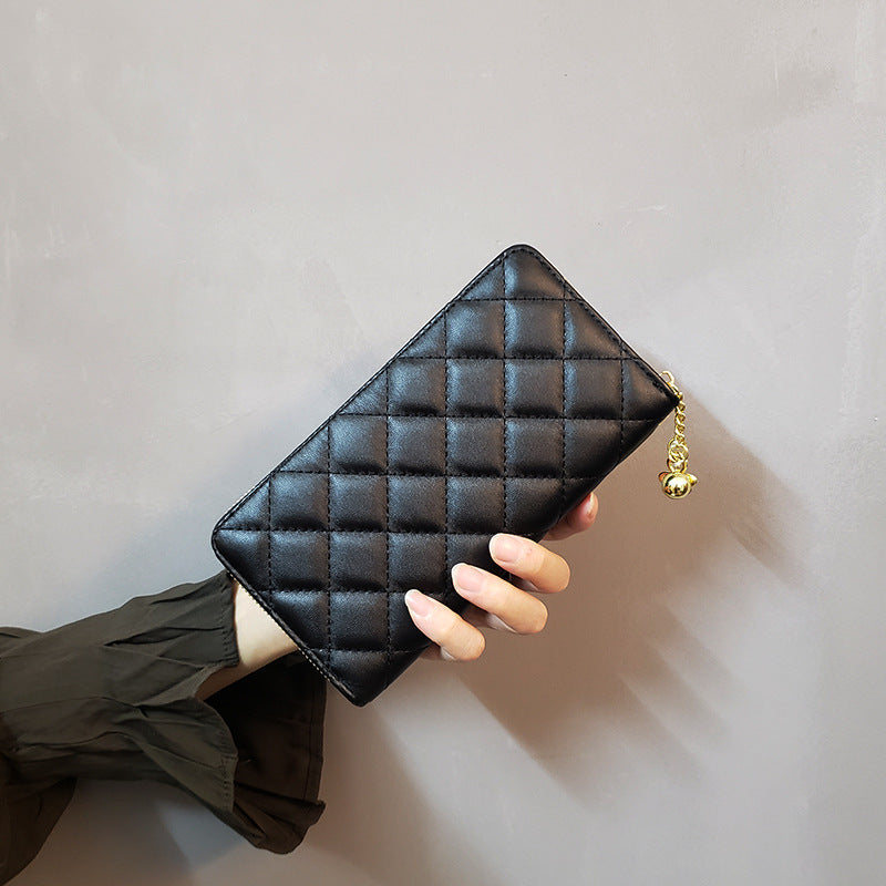 Black Checkered Women's Classic Quilted Long Wallet Premium Diamond Stitch Zip Around Card Holder With Multiple Compartments Wallets
