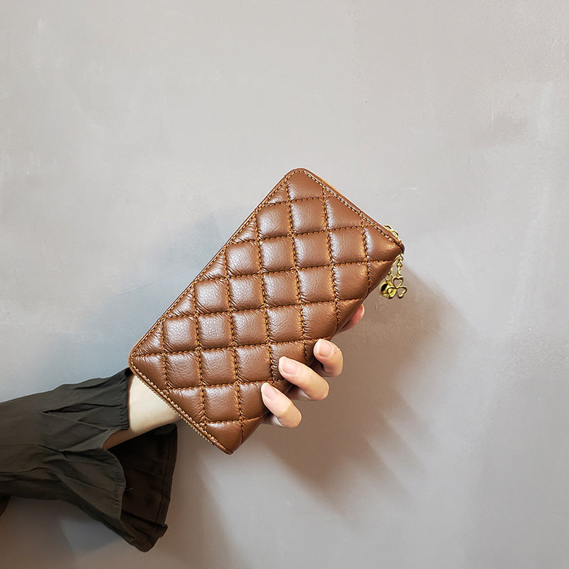 Brown Checkered Women's Classic Quilted Long Wallet Premium Diamond Stitch Zip Around Card Holder With Multiple Compartments Wallets