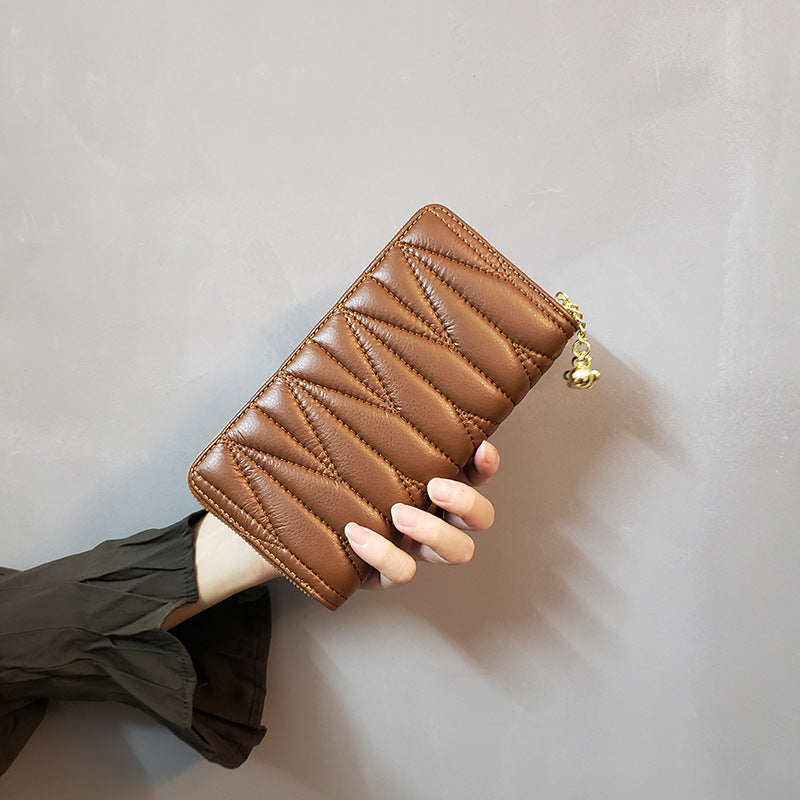 Brown Plaid Women's Classic Quilted Long Wallet Premium Diamond Stitch Zip Around Card Holder Wallets